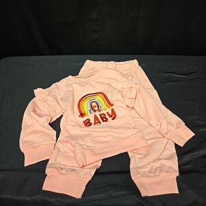 Size 110 Ages 3-4 Yr Toddler Girls 2 Piece Sweatsuit Outfit Pink Rainbow "Baby"